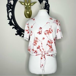 Black Swan White Blouse with Deep Coral Purple Plum Floral Print Top with Tie
